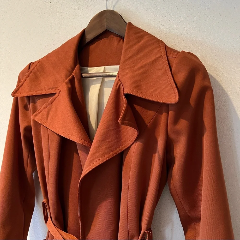 Vintage Handmade Open Front Belted Trench Lined Large Lapels - Picture 3 of 10